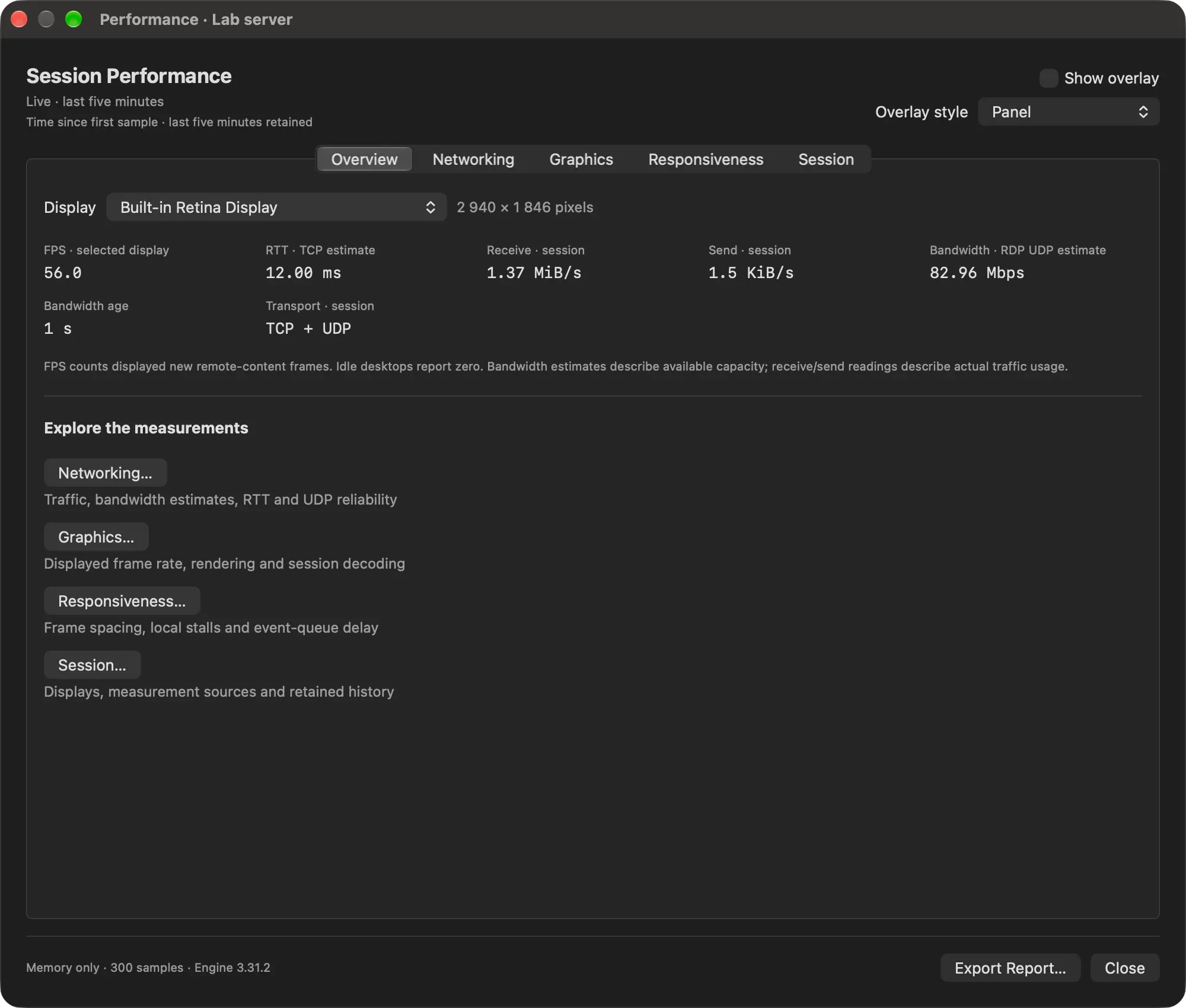 The Session Performance window with frame rate, round-trip time, traffic and bandwidth.