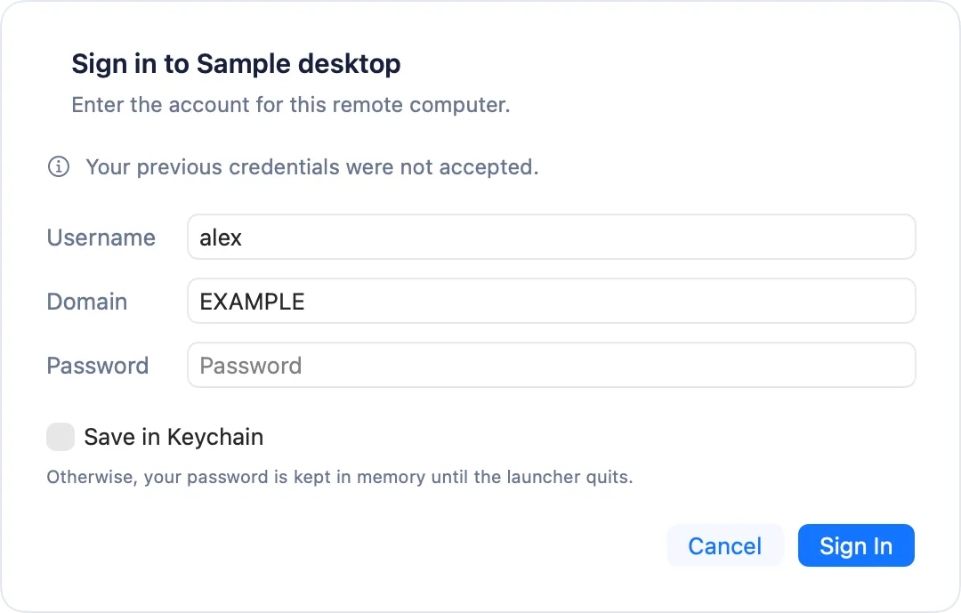 A sign-in dialog with username, domain, password and a Save in Keychain checkbox.