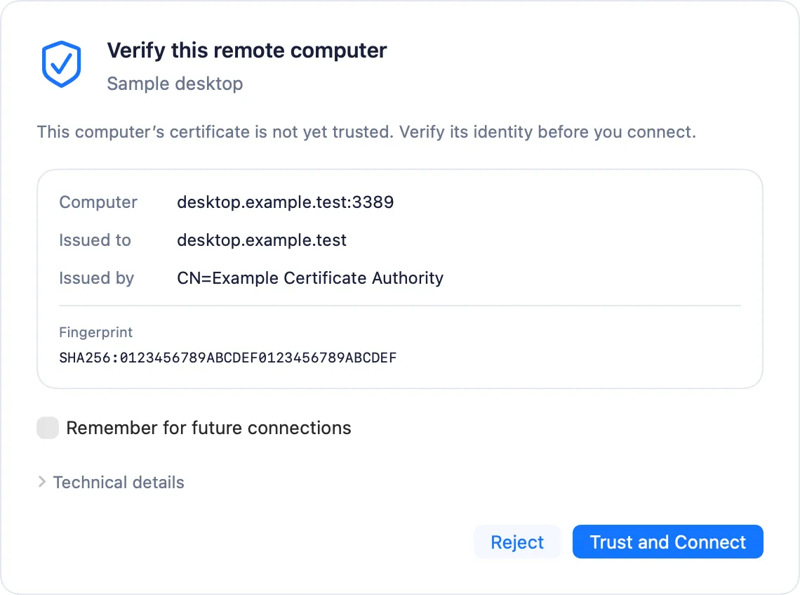 A certificate dialog asking to verify a remote computer, with Reject and Trust and Connect buttons.