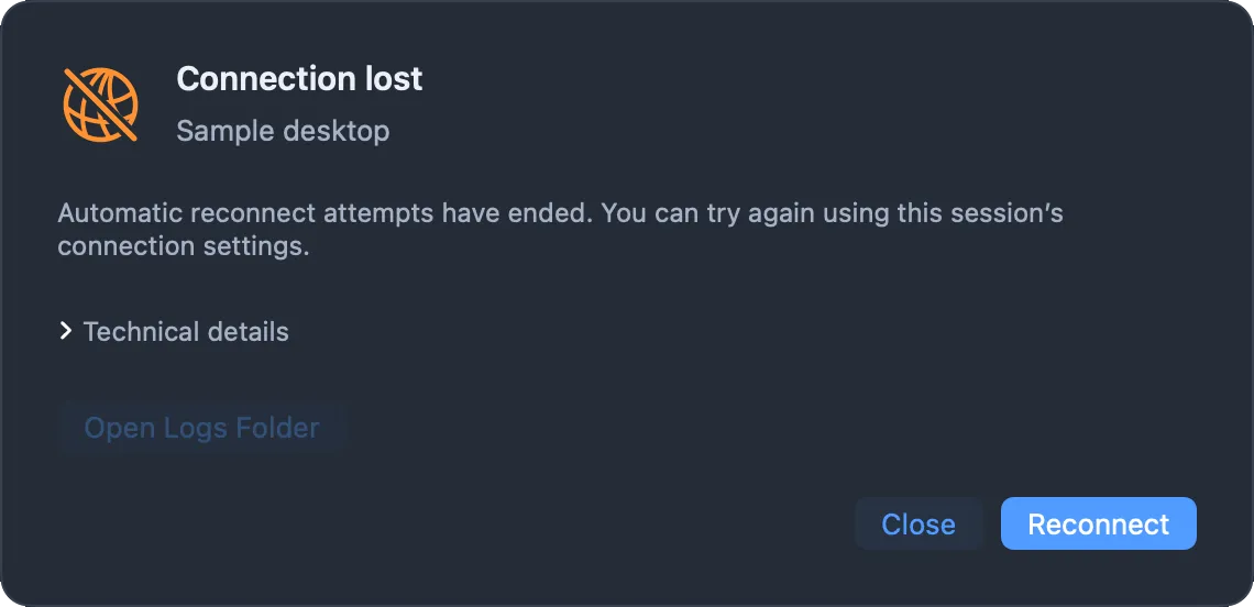 A Connection lost dialog with Close and Reconnect buttons.