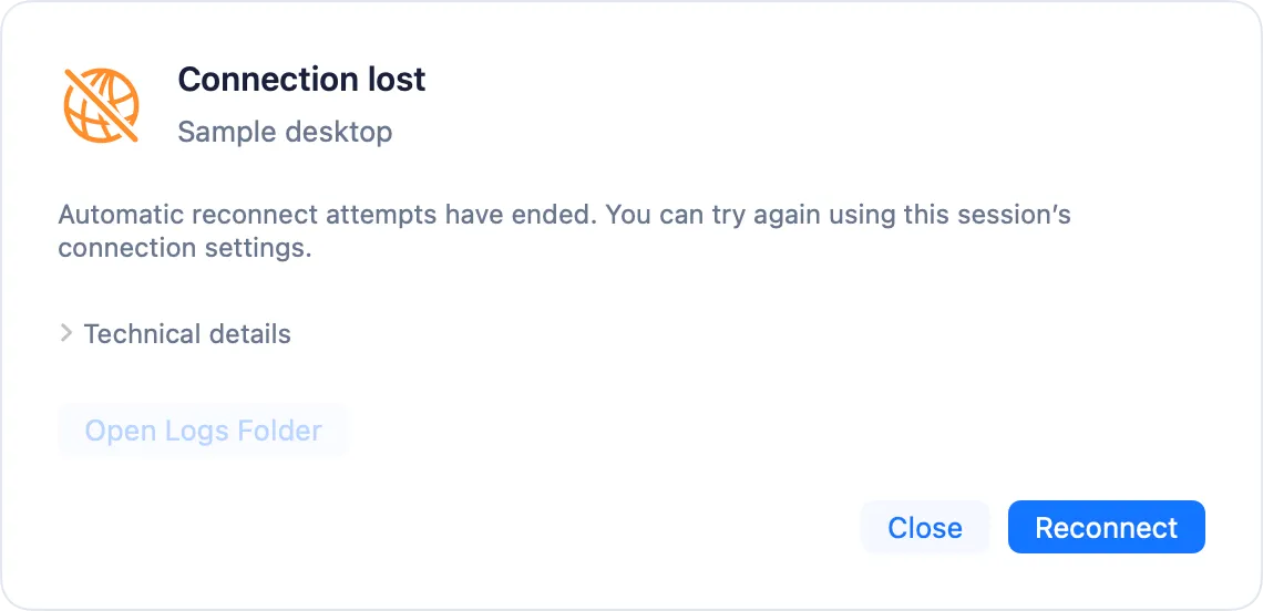 A Connection lost dialog with Close and Reconnect buttons.