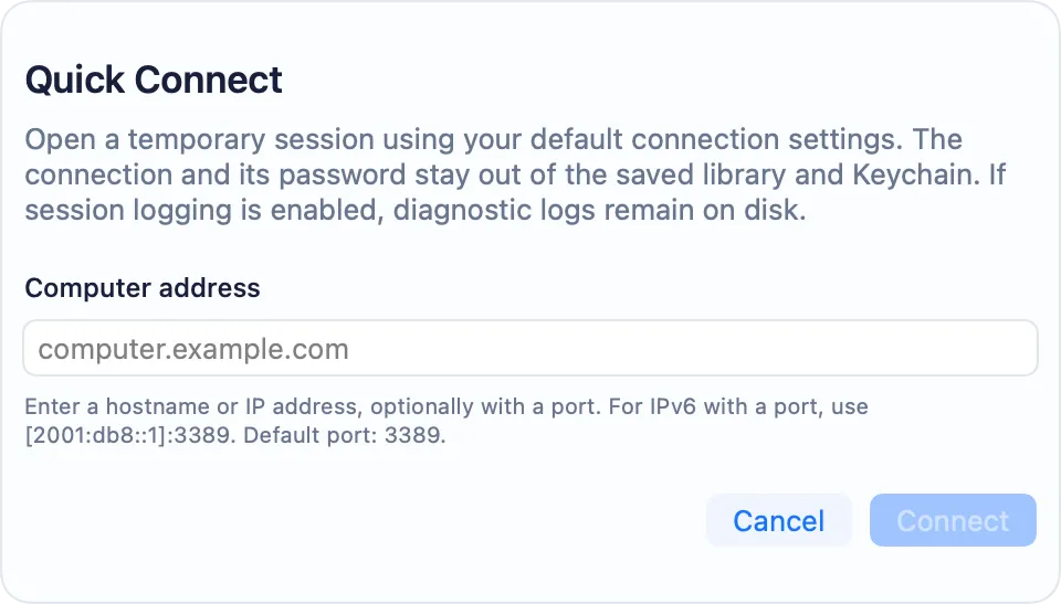 The Quick Connect dialog with a computer address field.
